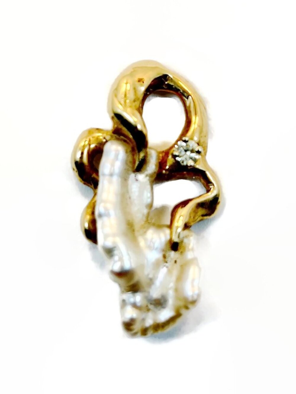 Biwa Pearl Pendant, Diamond, 14K, Brutalist, Yellow Gold, One of a Kind